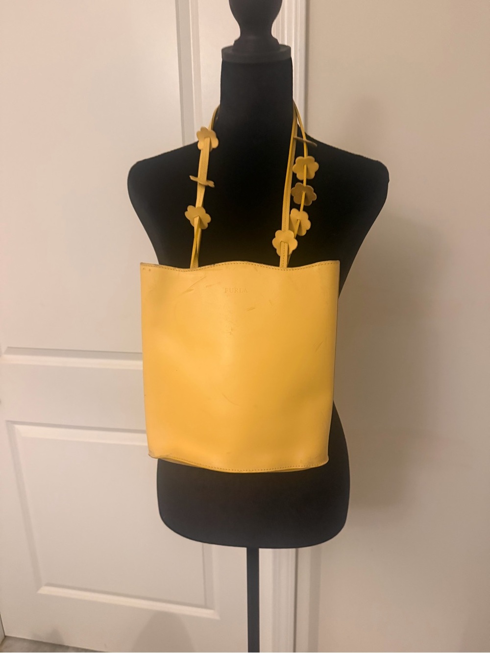 Furla Yellow Leather Shoulder Bag with Floral-Strap Accents